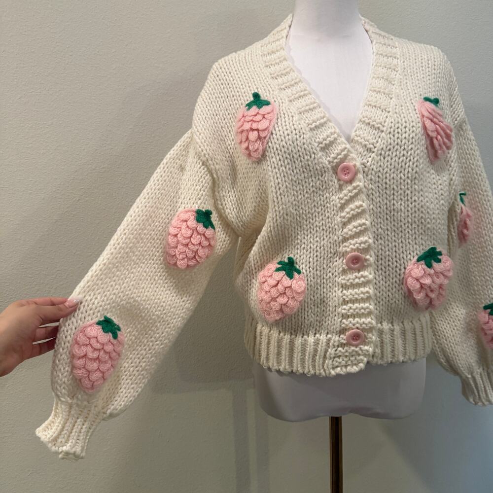3D Strawberry Applique Chunky Knit Cardigan Cottagecore Coquette Kawaii Sweater - Picture 3 of 10